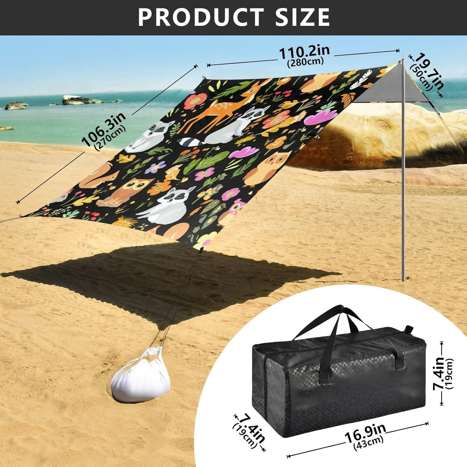 Canopy Tent Beach Outdoor Patio Sun Shade 9.2 × 10.5 FT Shades Camping Shelter Backyard Cute Woodland Animals Black Canopies with Poles Sandbags Easy