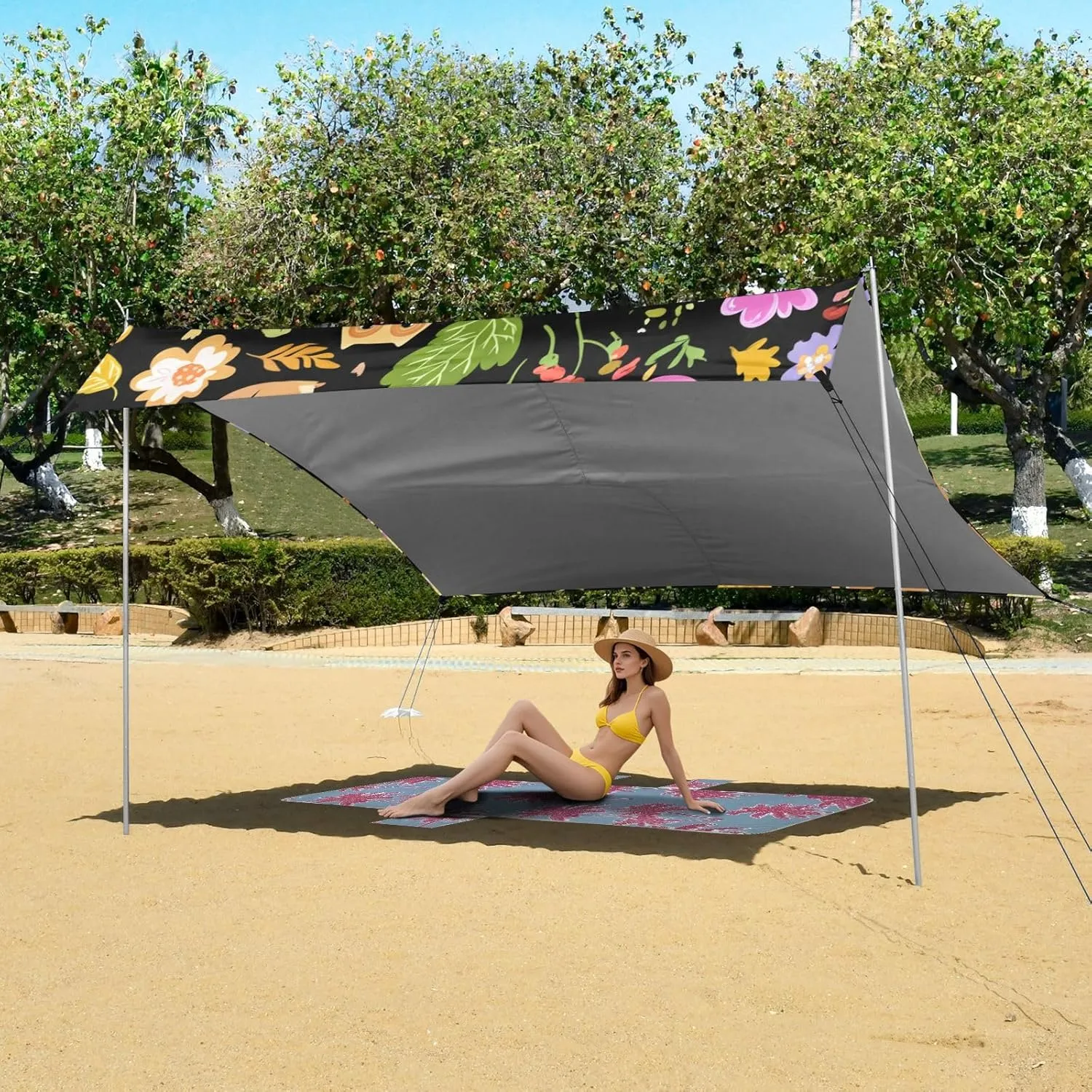 Canopy Tent Beach Outdoor Patio Sun Shade 9.2 × 10.5 FT Shades Camping Shelter Backyard Cute Woodland Animals Black Canopies with Poles Sandbags Easy