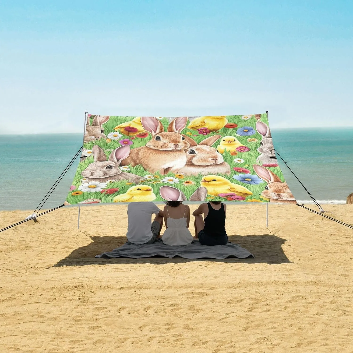 Canopy Tent Beach Outdoor Sun Shade Patio 9.2 × 10.5 FT Family Portable Camping Shelter Rabbit Yellow Chicks Flower Green Windproof with Poles Sand Anchor