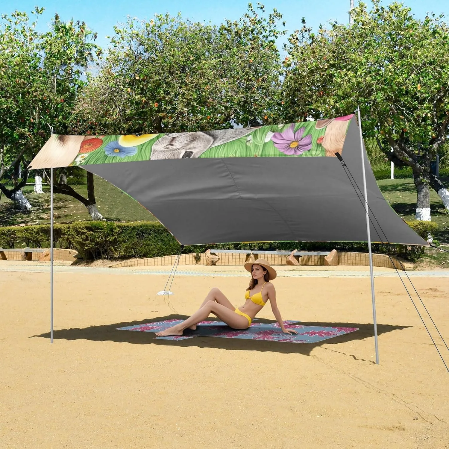 Canopy Tent Beach Outdoor Sun Shade Patio 9.2 × 10.5 FT Family Portable Camping Shelter Rabbit Yellow Chicks Flower Green Windproof with Poles Sand Anchor