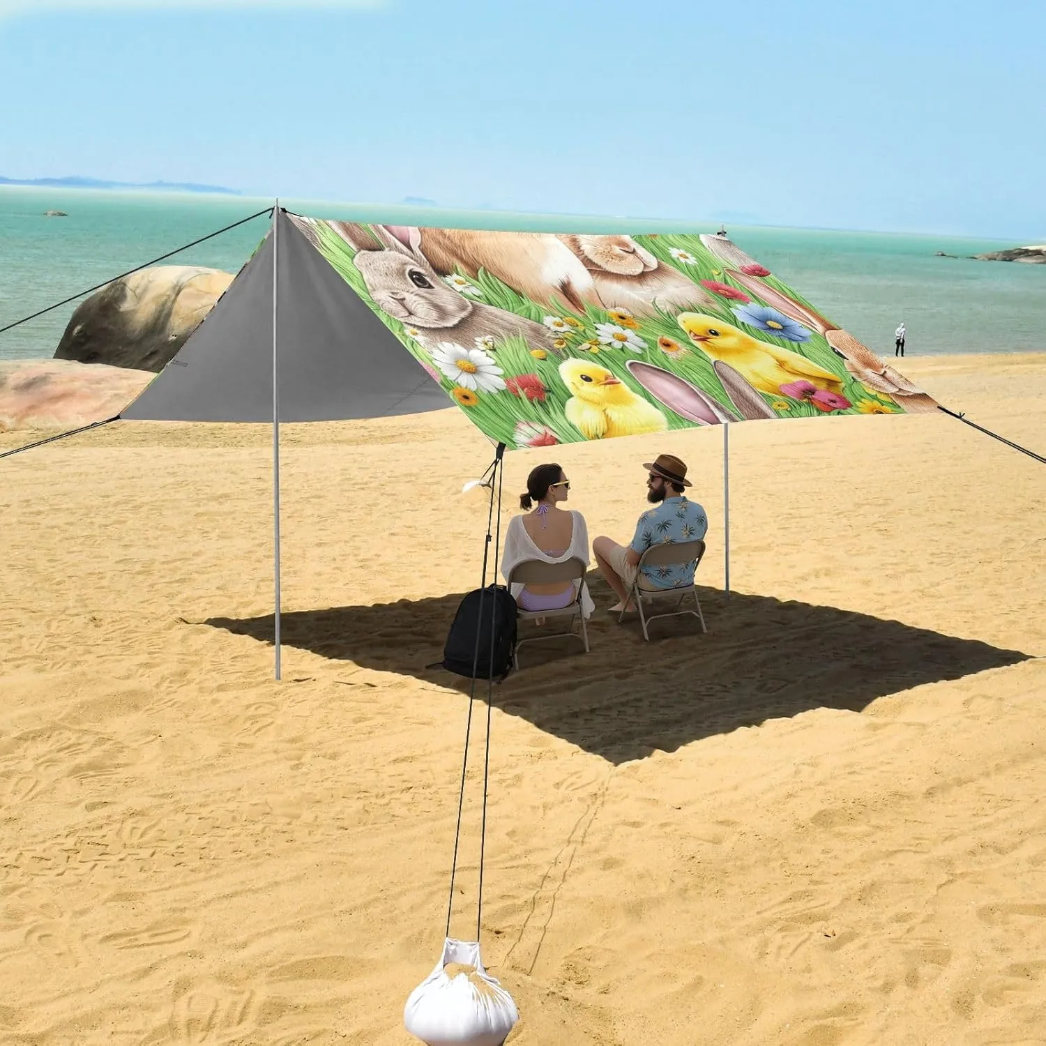 Canopy Tent Beach Outdoor Sun Shade Patio 9.2 × 10.5 FT Family Portable Camping Shelter Rabbit Yellow Chicks Flower Green Windproof with Poles Sand Anchor