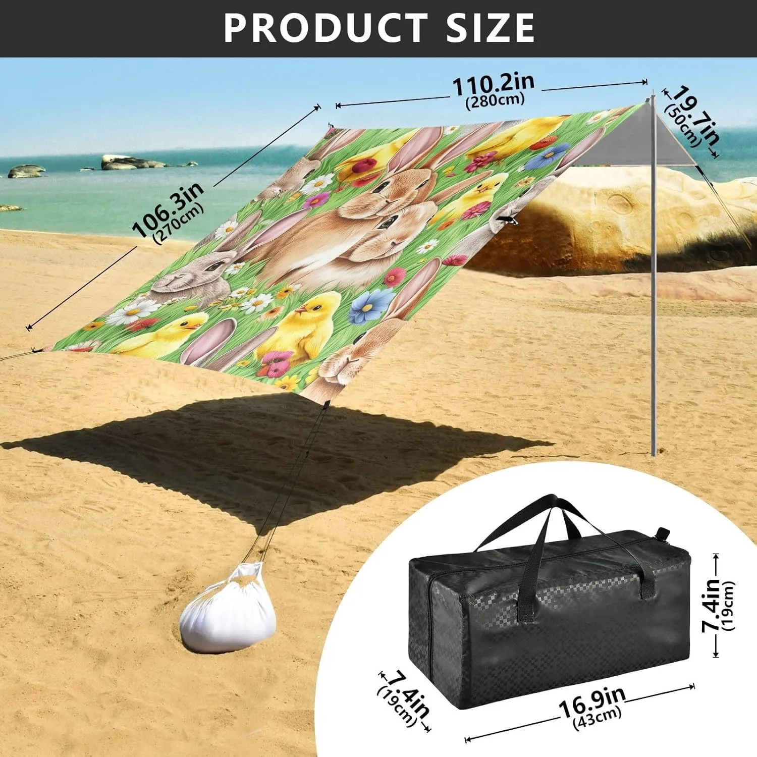 Canopy Tent Beach Outdoor Sun Shade Patio 9.2 × 10.5 FT Family Portable Camping Shelter Rabbit Yellow Chicks Flower Green Windproof with Poles Sand Anchor