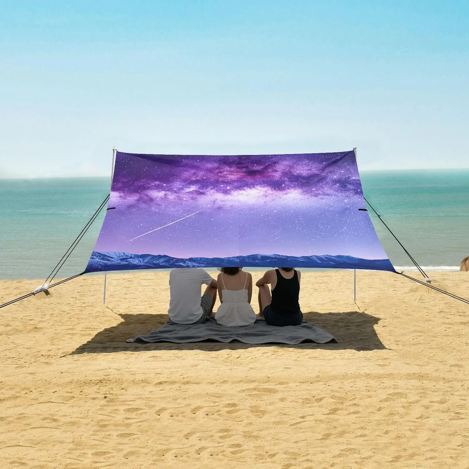 Canopy Tent Beach Purple Night Sky Stars Outdoor Patio Sun Shade 9.2 × 10.5 FT Aesthetic Sand Camping Sun Shelter Wind Sail Shade with Sand Anchor Poles