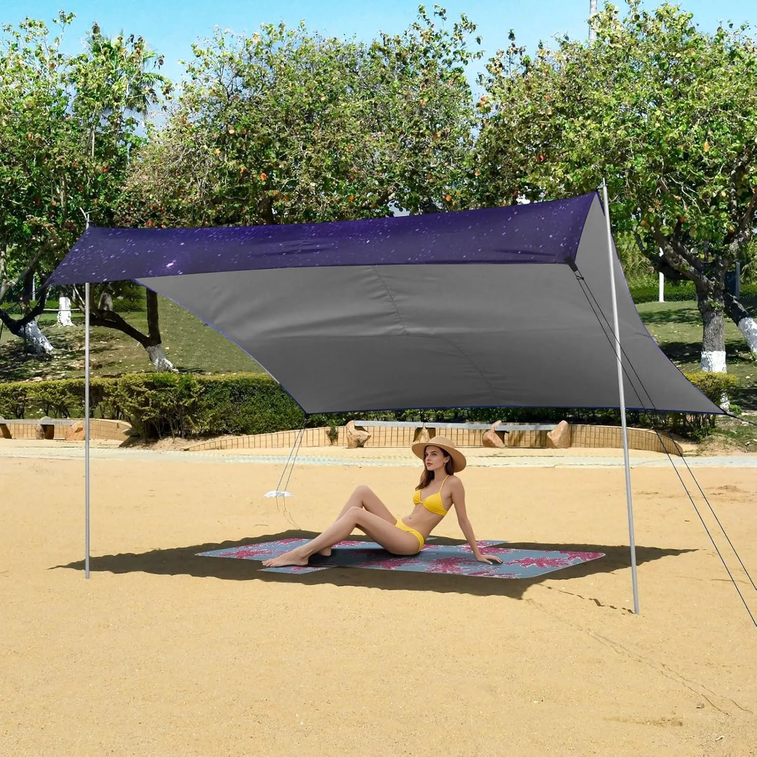 Canopy Tent Beach Purple Night Sky Stars Outdoor Patio Sun Shade 9.2 × 10.5 FT Aesthetic Sand Camping Sun Shelter Wind Sail Shade with Sand Anchor Poles