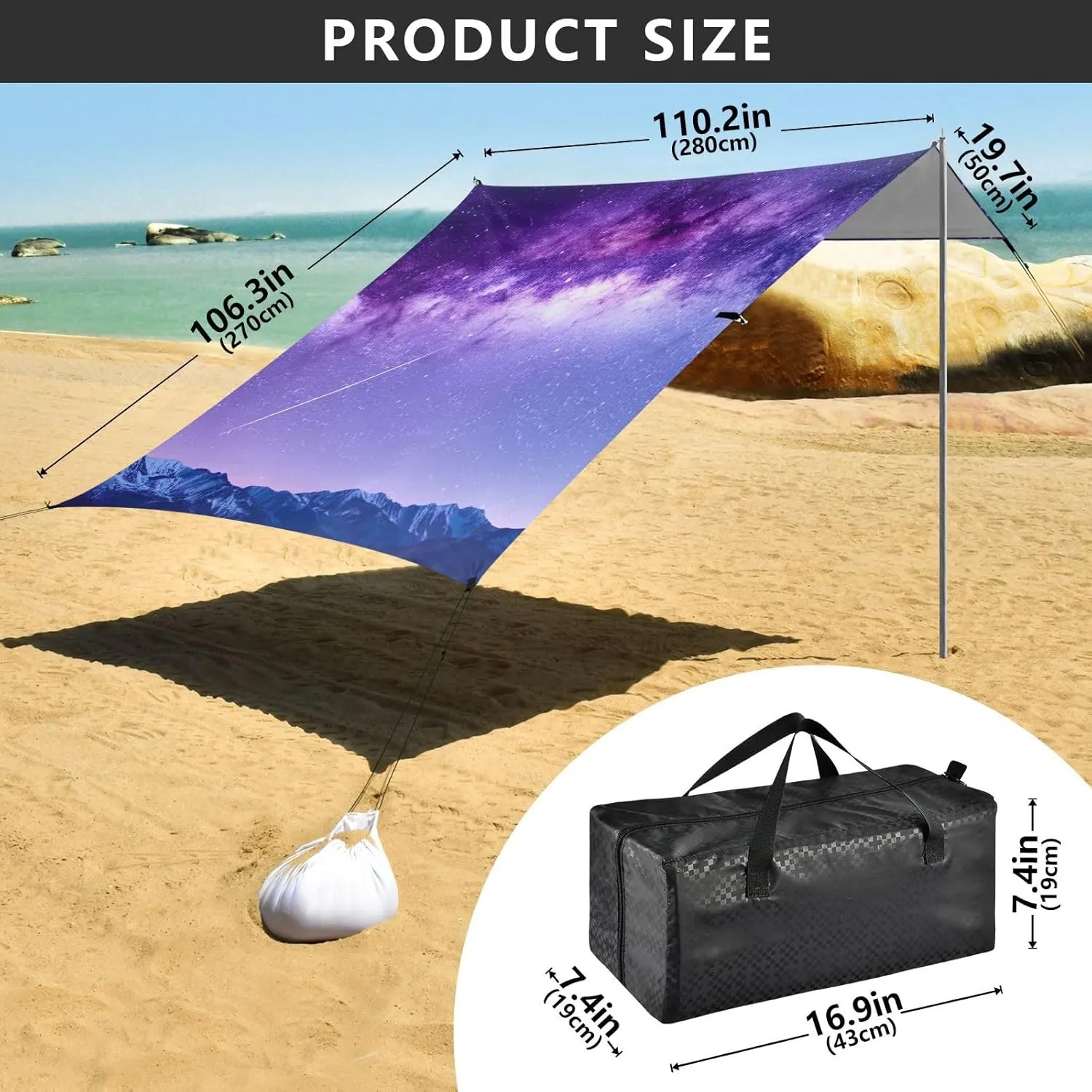 Canopy Tent Beach Purple Night Sky Stars Outdoor Patio Sun Shade 9.2 × 10.5 FT Aesthetic Sand Camping Sun Shelter Wind Sail Shade with Sand Anchor Poles