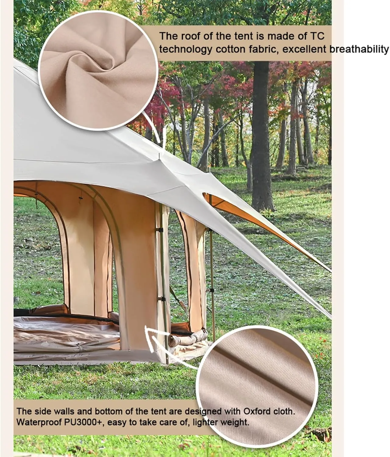 Canvas Bell Tent, Yurt Tent with Stove Jack, Waterproof and Breathable Large Family Tent, Glamping Tent, Detachable Groundsheet for Camping Party, 450x450x280cm