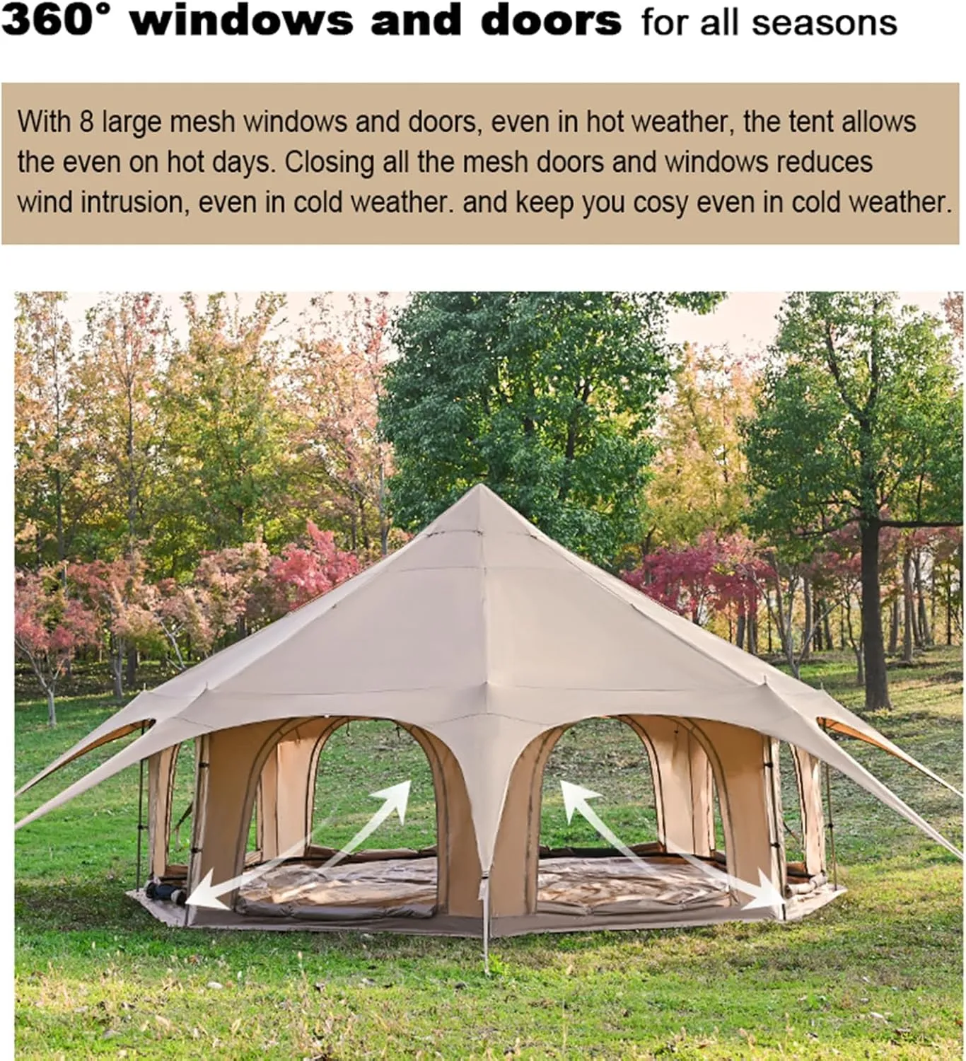 Canvas Bell Tent, Yurt Tent with Stove Jack, Waterproof and Breathable Large Family Tent, Glamping Tent, Detachable Groundsheet for Camping Party, 450x450x280cm