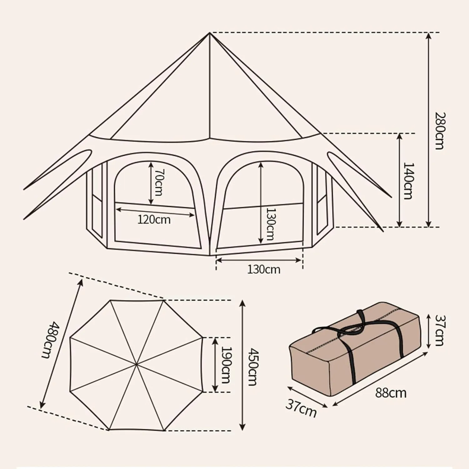 Canvas Bell Tent, Yurt Tent with Stove Jack, Waterproof and Breathable Large Family Tent, Glamping Tent, Detachable Groundsheet for Camping Party, 450x450x280cm