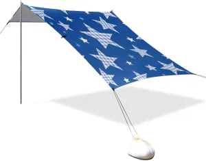 Cartoon Blue Checkered Plaid Stars Designed UPF50 Stable Beach Tent Easy Setup Shade Sun Shelter Includes Sand Shovel, Sandbags, Stability Poles for Backyard, Grassland, Park Parasol Beach