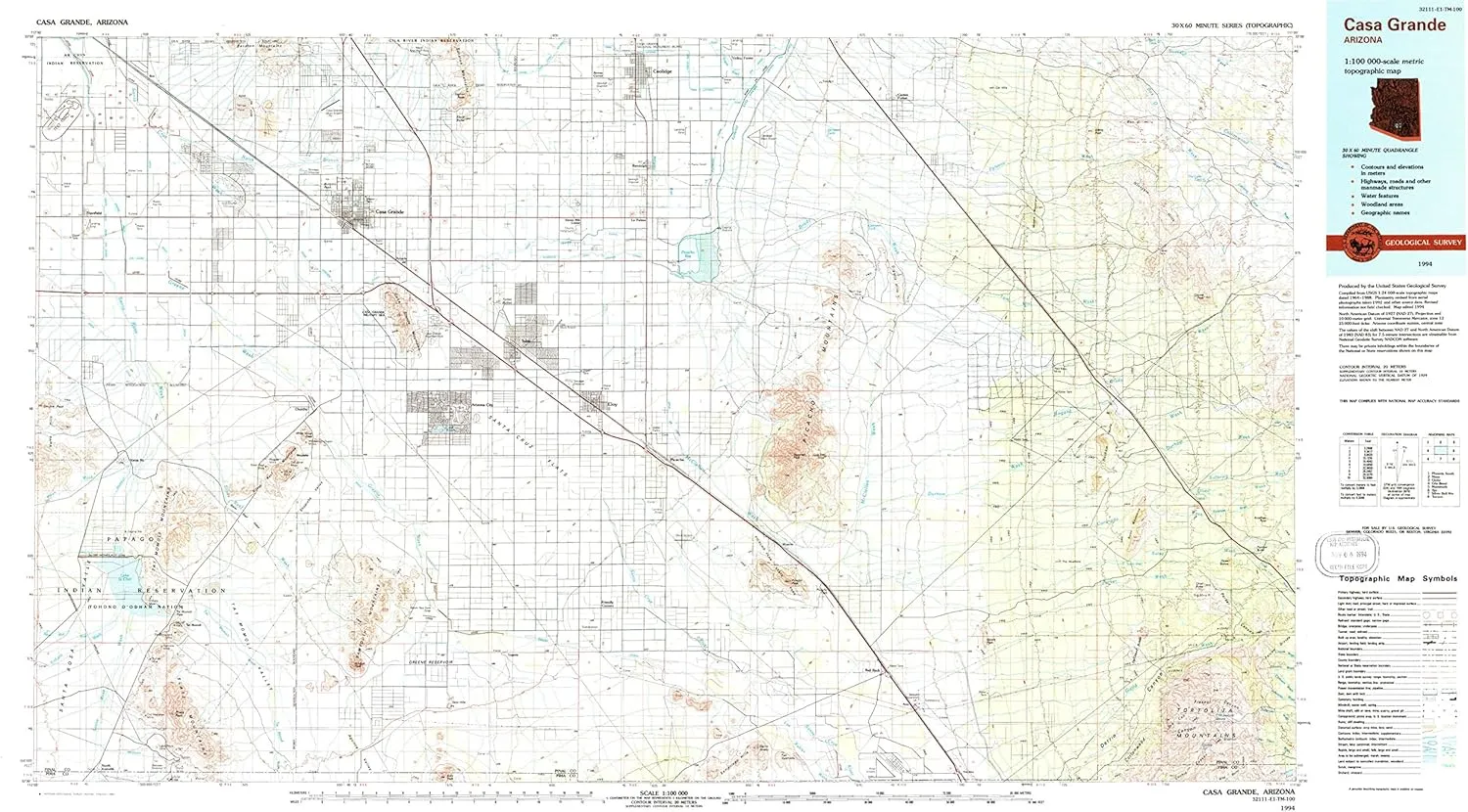 Casa Grande AZ topo map, 1:100000 Scale, 30 X 60 Minute, Historical, 1994, Updated 1994, 24.1 x 44 in