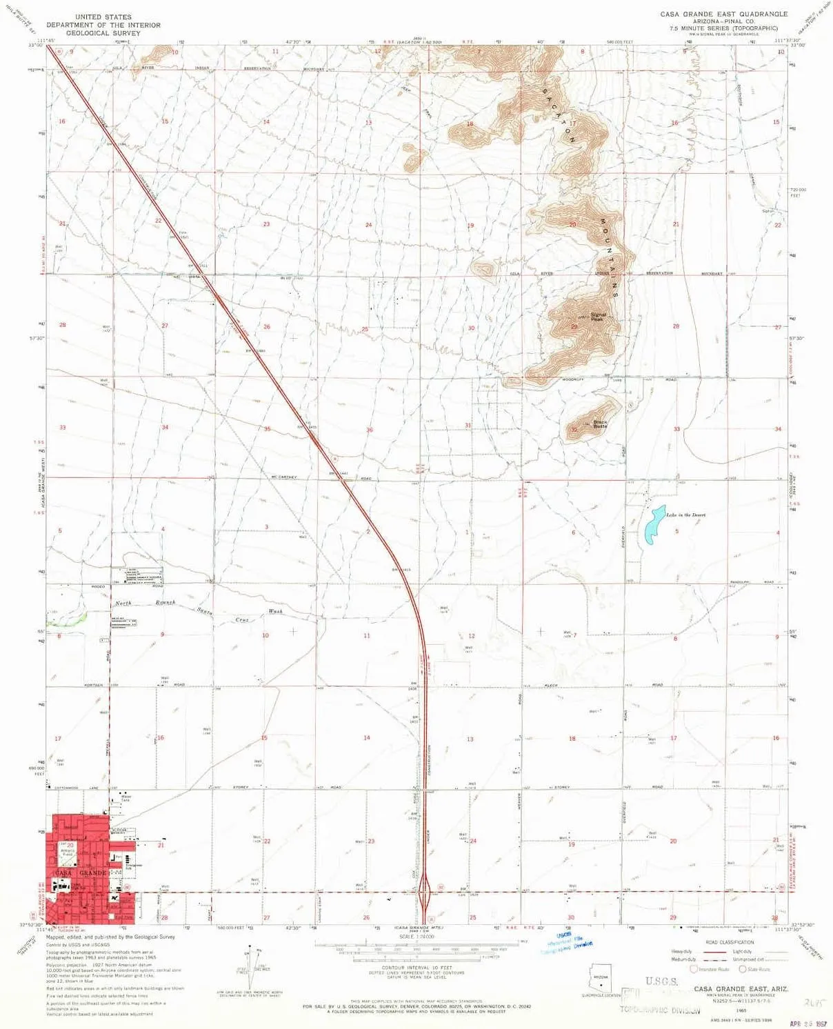 Casa Grande East AZ topo map, 1:24000 Scale, 7.5 X 7.5 Minute, Historical, 1965, Updated 1967, 26.7 x 22.1 in