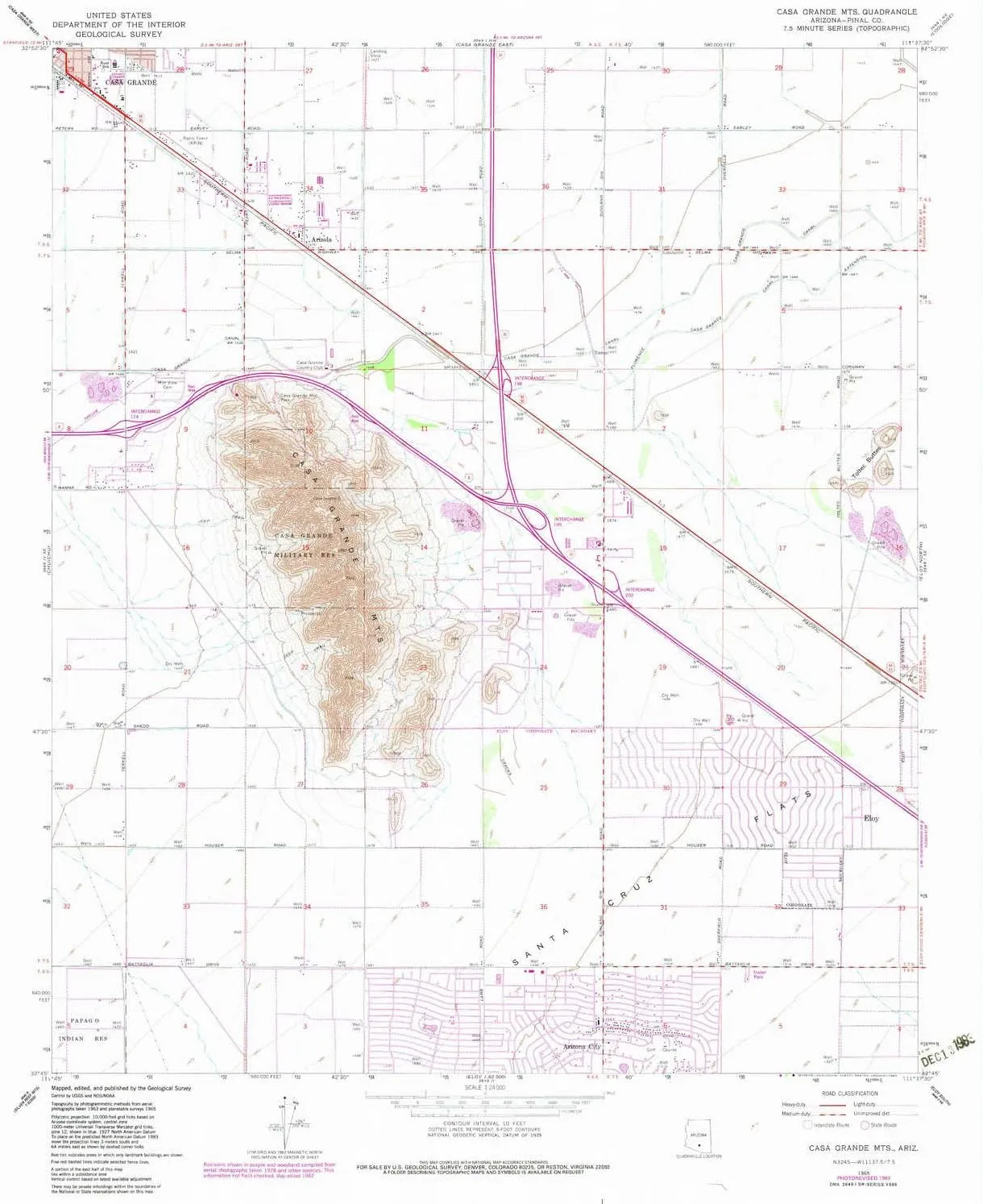Casa Grande MTS AZ topo map, 1:24000 Scale, 7.5 X 7.5 Minute, Historical, 1965, Updated 1983, 26.8 x 22 in