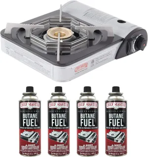 Chef-Master 90011 Butane Countertop Stove, 10 000 BTU Portable with Carry Case, High Performance, Piezo Ignition, Brass Burner, Safety Stop