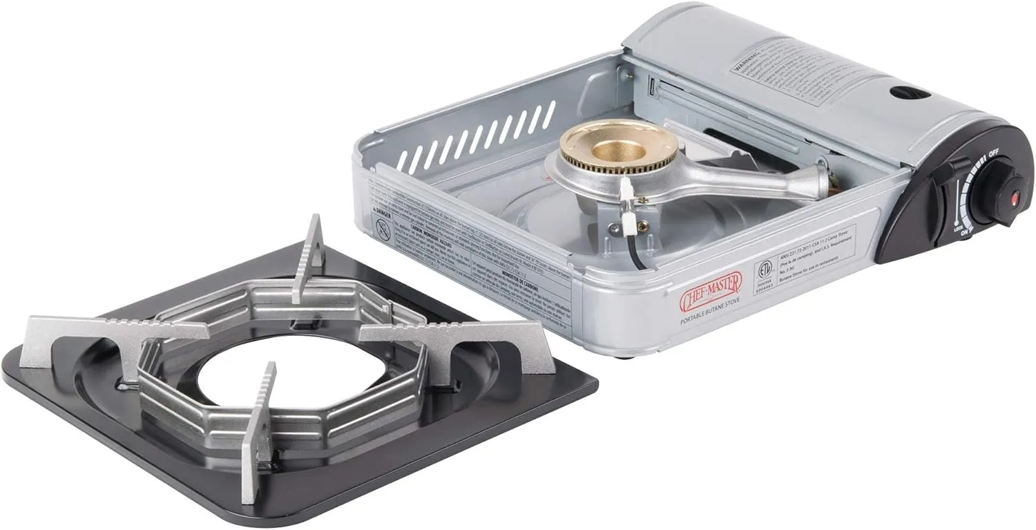 Chef-Master 90011 Butane Countertop Stove, 10 000 BTU Portable with Carry Case, High Performance, Piezo Ignition, Brass Burner, Safety Stop