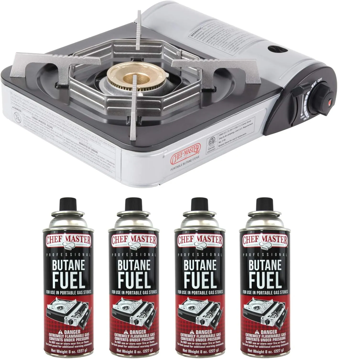 Chef-Master 90011 Butane Countertop Stove, 10 000 BTU Portable with Carry Case, High Performance, Piezo Ignition, Brass Burner, Safety Stop