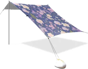 Chic Purple Flowers Foldable Beach Tent UPF50  Easy Setup Sun Shade with Sand Shovel for Camping, Picnics, Backyard & Fishing