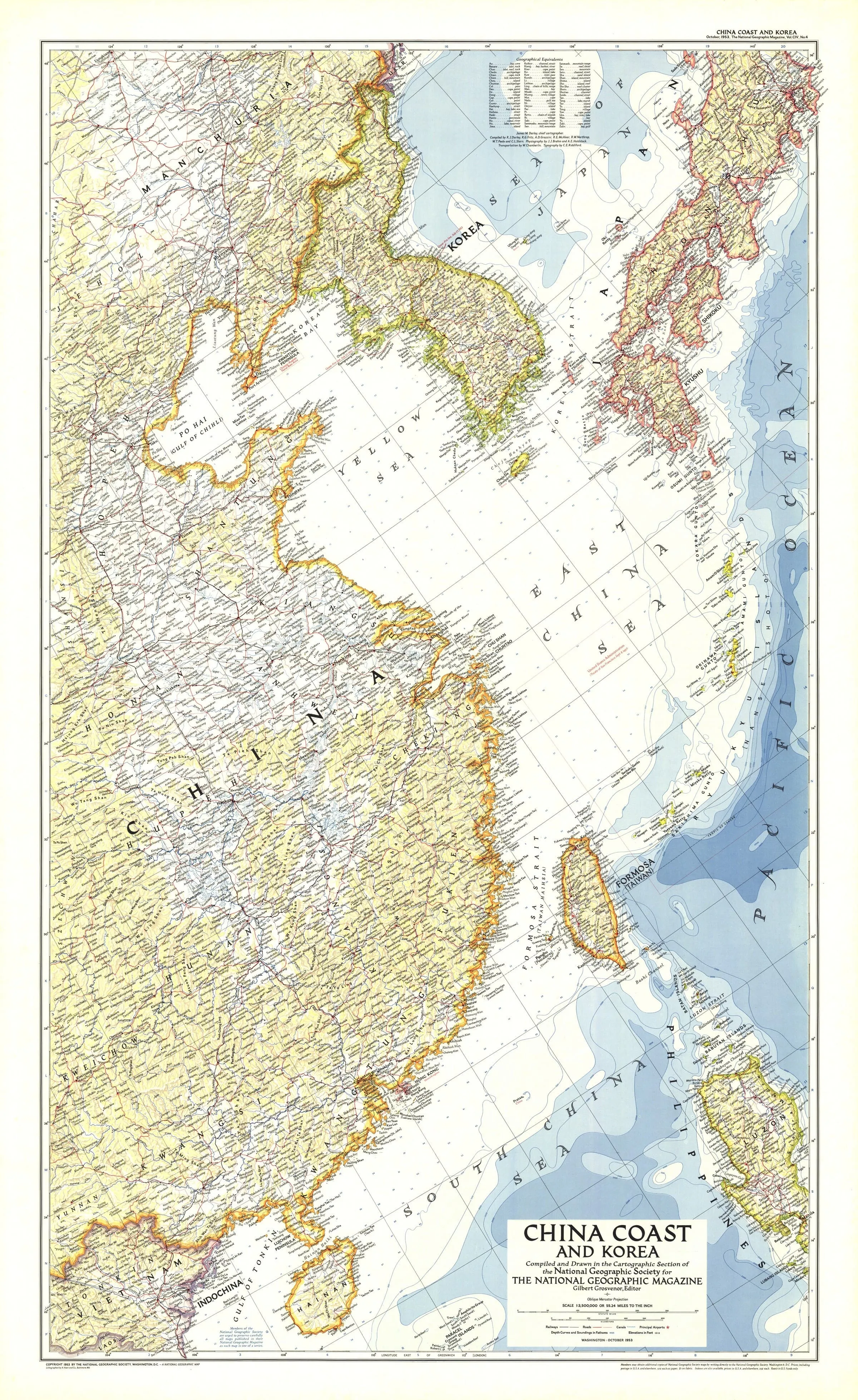 China Coast and Korea Wall Map - Published 1953 by National Geographic