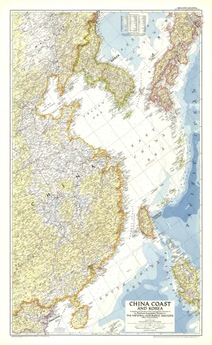 China Coast and Korea Wall Map - Published 1953 by National Geographic