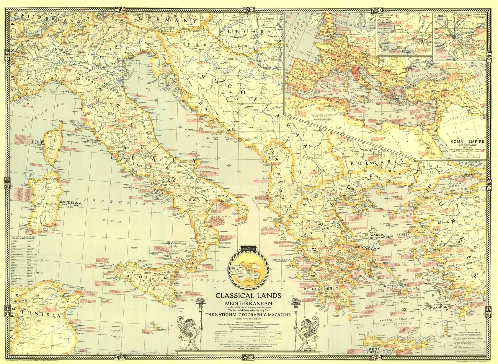 Classical Lands of the Mediterranean Wall Map - Published 1940 by National Geographic