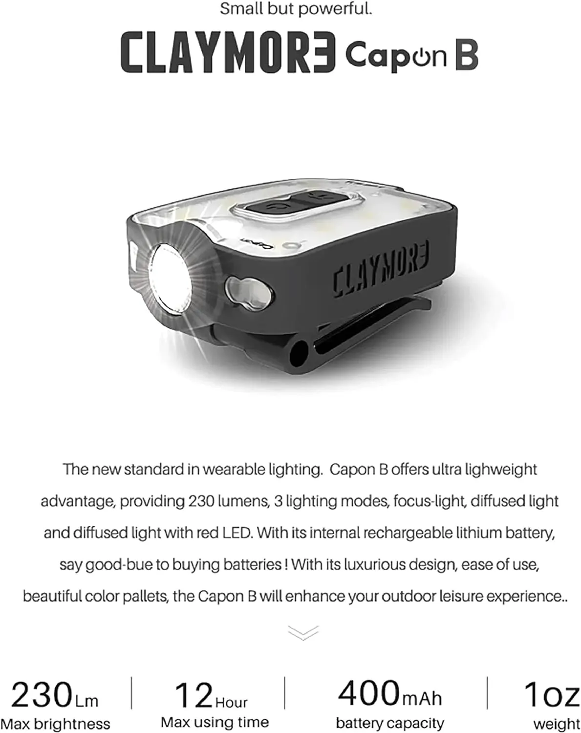 Claymore Capon 40B (Black) - LED Rechargeable Clip-On Cap Headlamp, Lightweight Hat Light for Camping, Running, Hiking, Emergency & Industrial Use, Waterproof, USB-C, Up to 12 Hours of Battery Life.