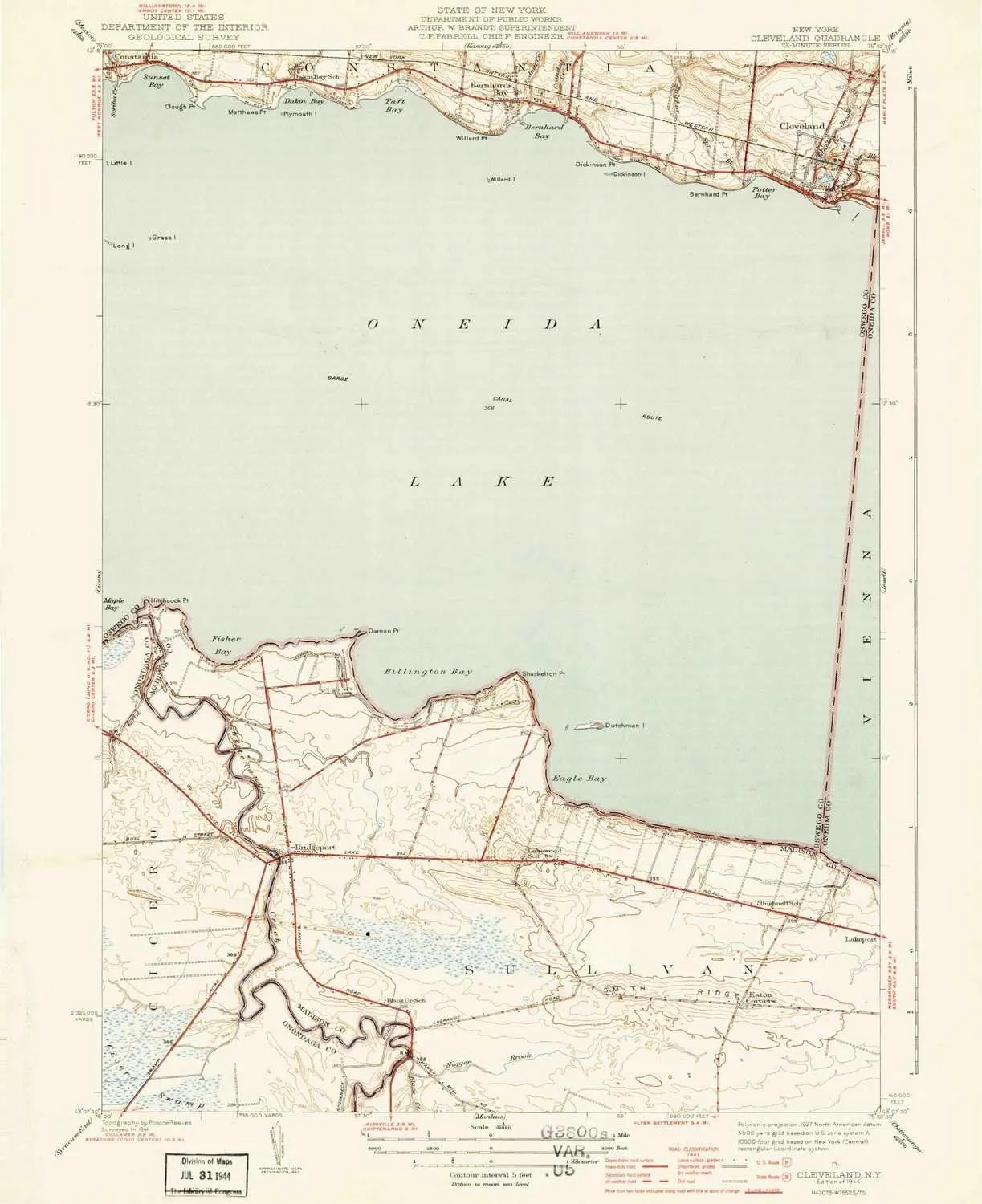 Cleveland NY topo map, 1:31680 Scale, 7.5 X 7.5 Minute, Historical, 1944, 19.56 x 15.95 in