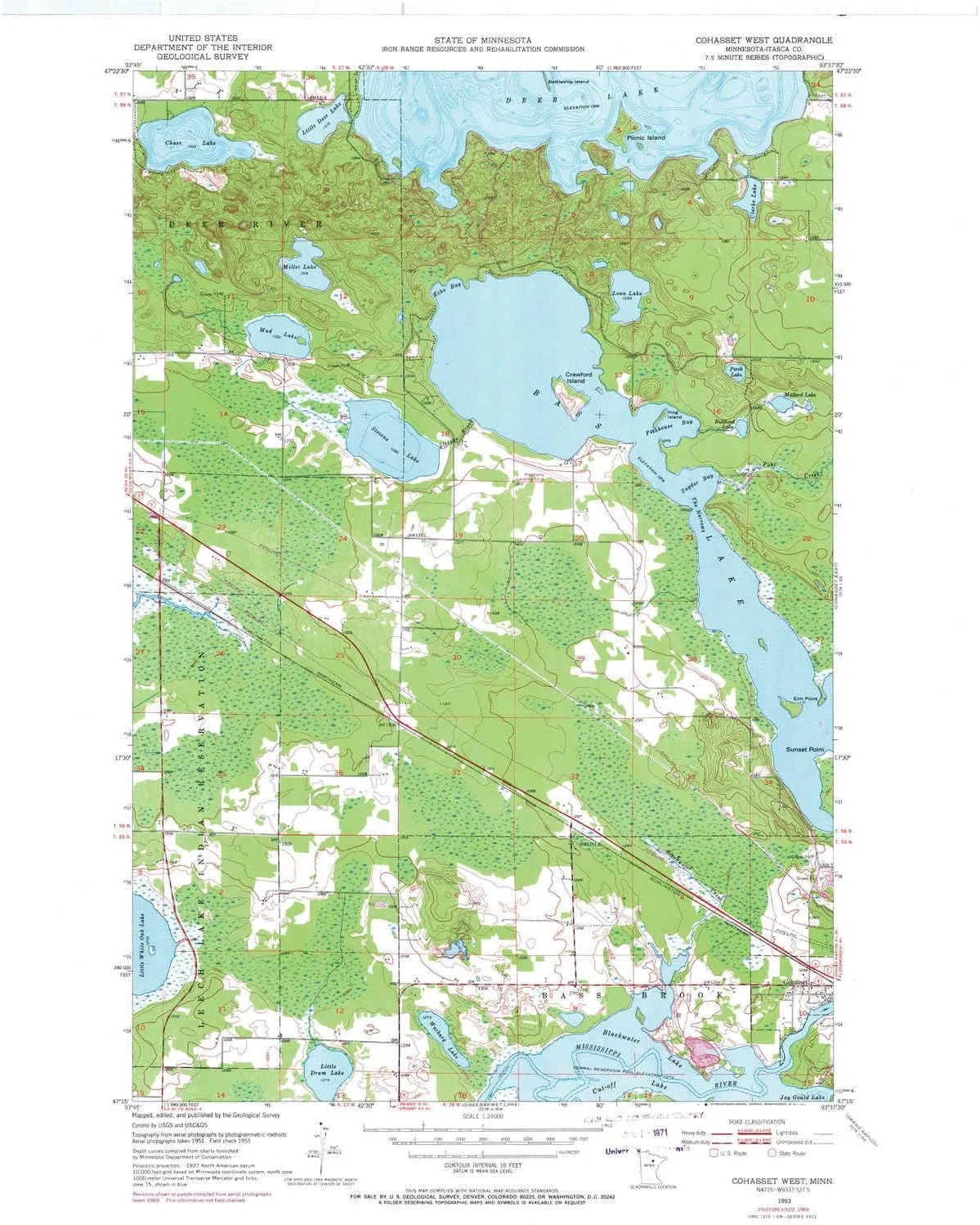 Cohasset West MN topo map, 1:24000 Scale, 7.5 X 7.5 Minute, Historical, 1953, Updated 1971, 27.23 x 21.53 in