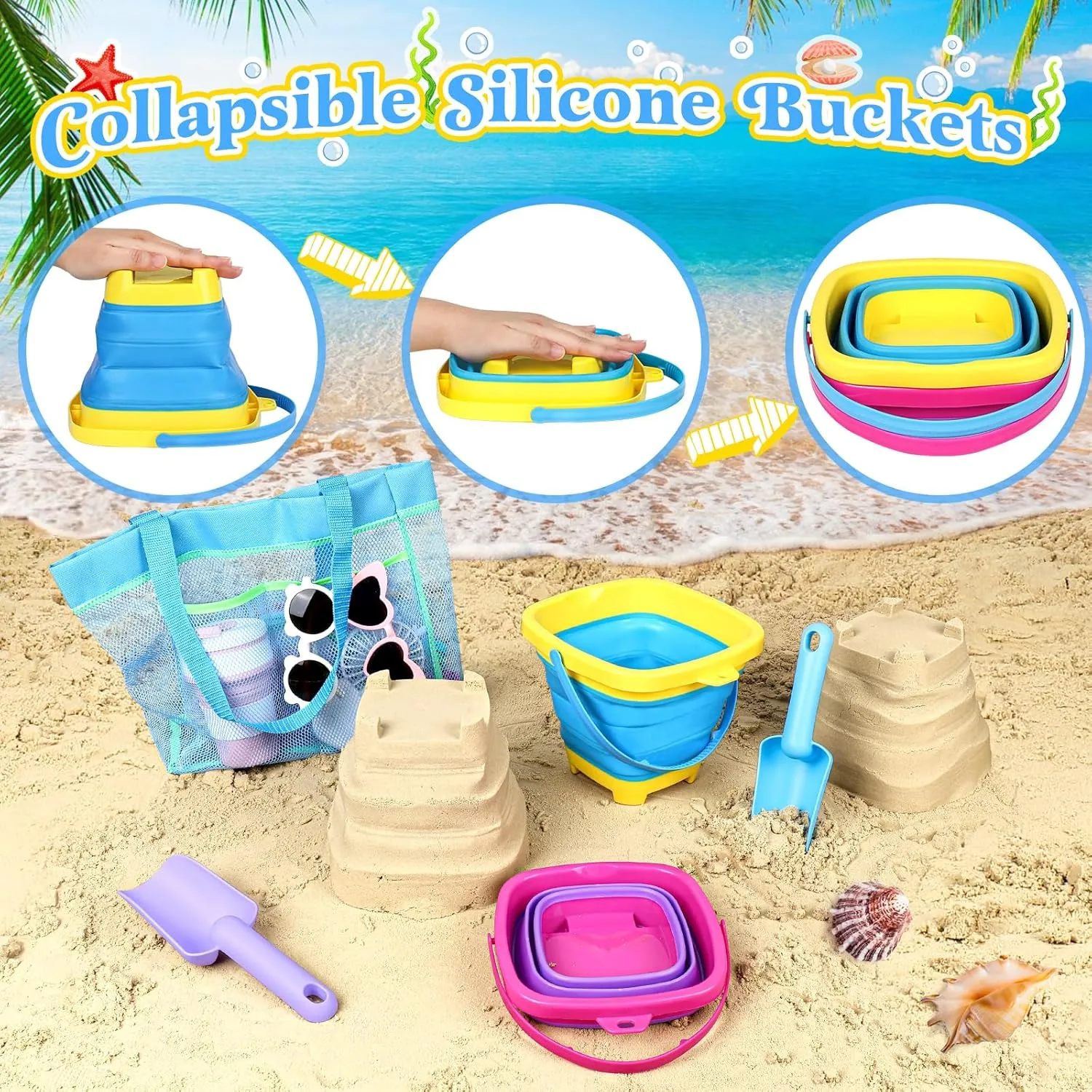Collapsible Beach Buckets for Kids, 2 Packs Foldable Sand Buckets and Shovels with Mesh Beach Bag, Silicone Sand Pails for Toddlers Beach Toys, Easter Egg Hunt, Camping, Travelling, Fishing Water Pail