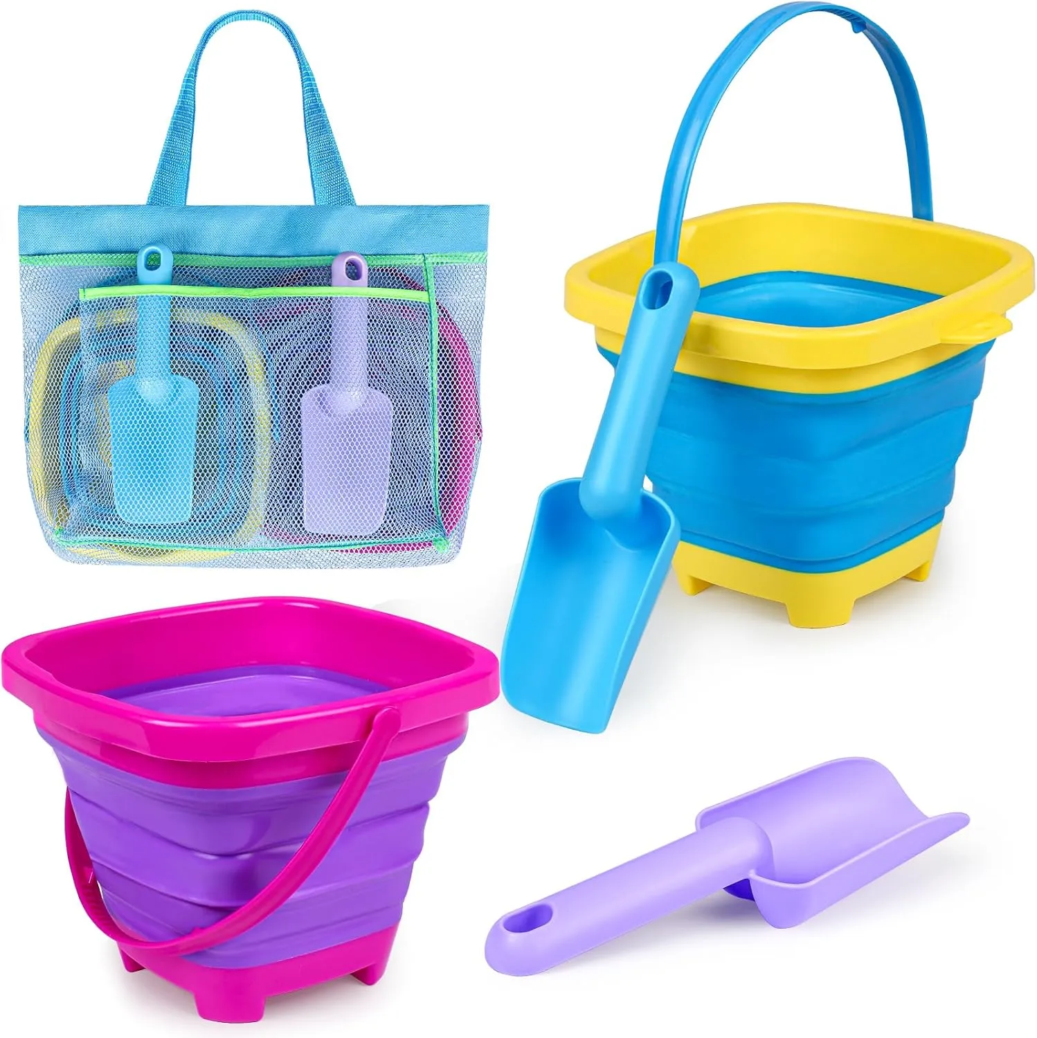 Collapsible Beach Buckets for Kids, 2 Packs Foldable Sand Buckets and Shovels with Mesh Beach Bag, Silicone Sand Pails for Toddlers Beach Toys, Easter Egg Hunt, Camping, Travelling, Fishing Water Pail