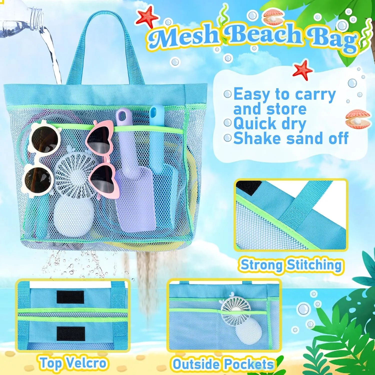 Collapsible Beach Buckets for Kids, 2 Packs Foldable Sand Buckets and Shovels with Mesh Beach Bag, Silicone Sand Pails for Toddlers Beach Toys, Easter Egg Hunt, Camping, Travelling, Fishing Water Pail