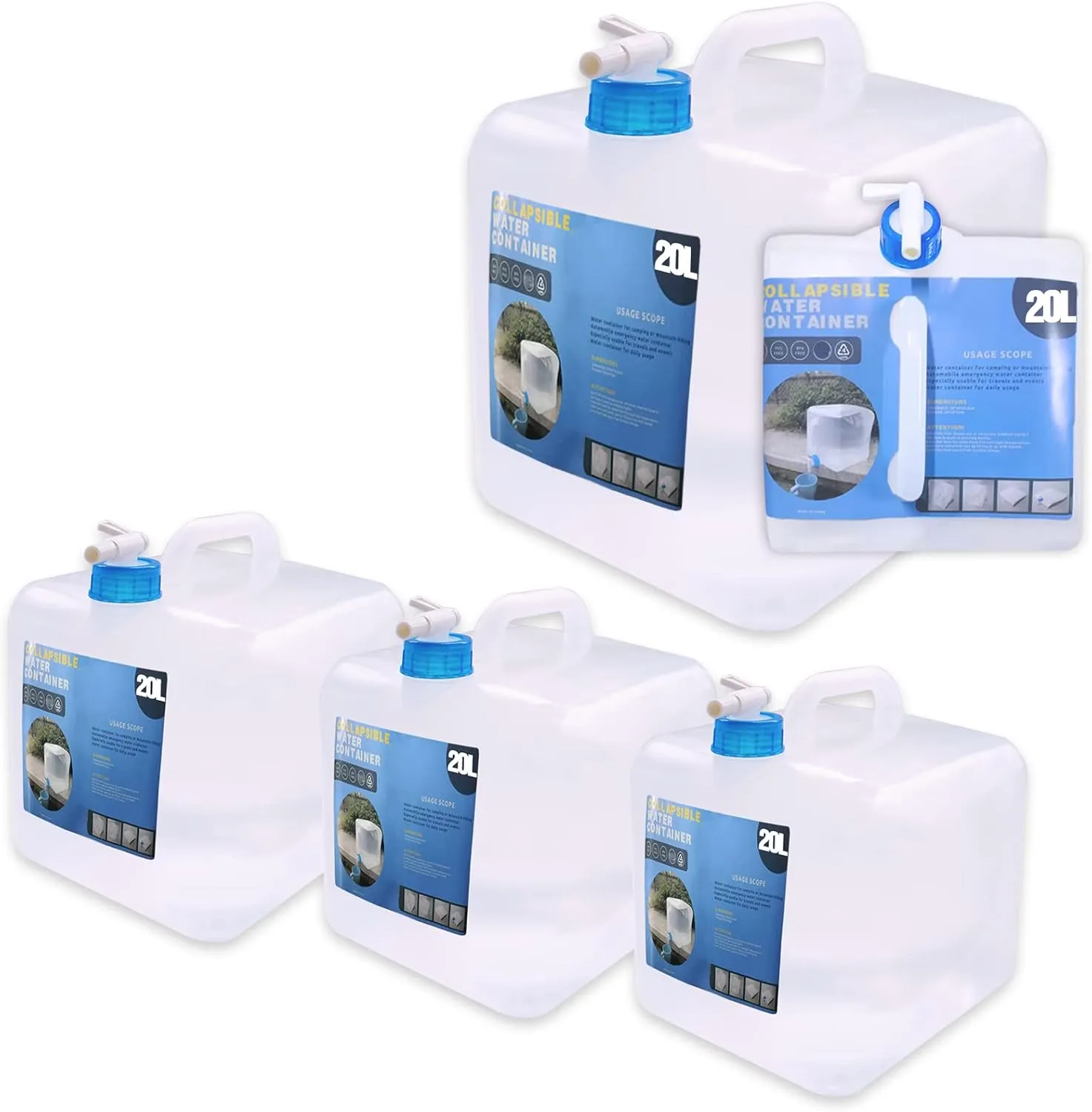 Collapsible Water Container with Spigot, Camping Water Storage Carrier Jug BPA-Free for Outdoors Hiking Backpack & Survival Kit, Foldable Portable Canteen 1.3/2.6/3.9/5.3 Gallon (5.3 Gallon, 4-pack)