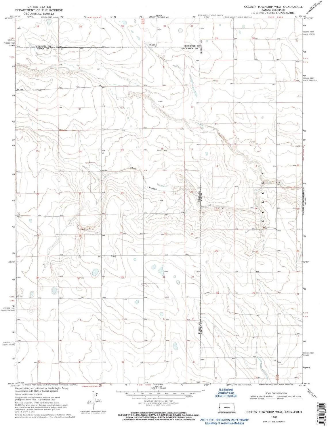 Colony Township West KS topo map, 1:24000 Scale, 7.5 X 7.5 Minute, Historical, 1969, Updated 1997, 26.85 x 20.83 in