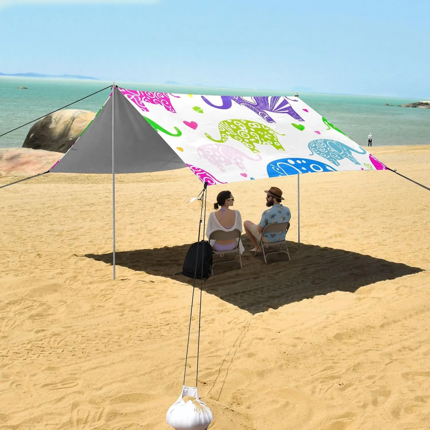 Colorful Elephants Polka Dots Beach Tent Canopy Outdoor Patio Shade Cute Kids Camping Shelter Backyard Sunshade with Sand Anchor Poles 9.2 × 10.5 FT