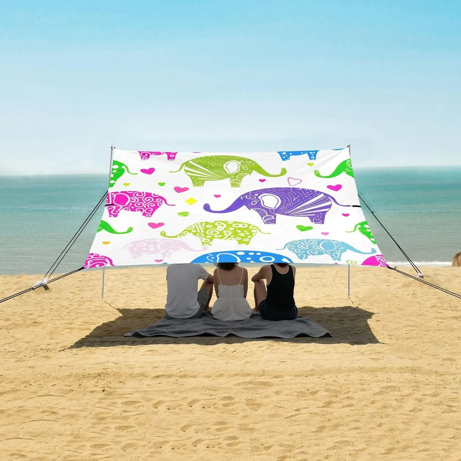 Colorful Elephants Polka Dots Beach Tent Canopy Outdoor Patio Shade Cute Kids Camping Shelter Backyard Sunshade with Sand Anchor Poles 9.2 × 10.5 FT