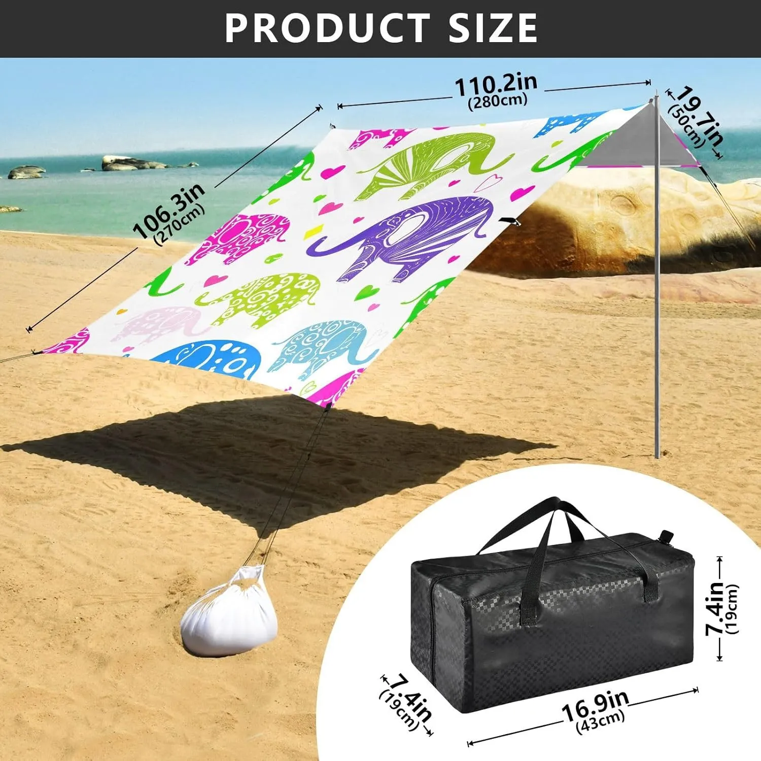 Colorful Elephants Polka Dots Beach Tent Canopy Outdoor Patio Shade Cute Kids Camping Shelter Backyard Sunshade with Sand Anchor Poles 9.2 × 10.5 FT