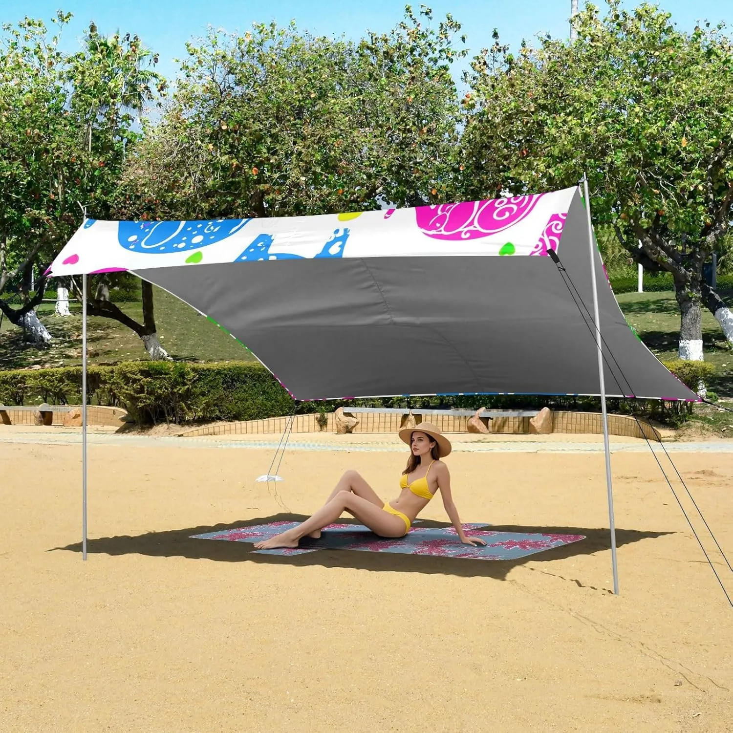Colorful Elephants Polka Dots Beach Tent Canopy Outdoor Patio Shade Cute Kids Camping Shelter Backyard Sunshade with Sand Anchor Poles 9.2 × 10.5 FT