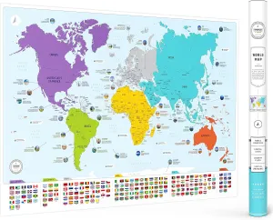 Colorful World Map with Flags & Capitals   50 Interesting Facts - XL Wall Art Poster for Home & Classroom - Educational for Kids & Adults