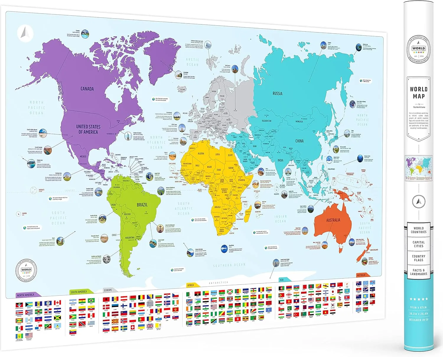 Colorful World Map with Flags & Capitals   50 Interesting Facts - XL Wall Art Poster for Home & Classroom - Educational for Kids & Adults