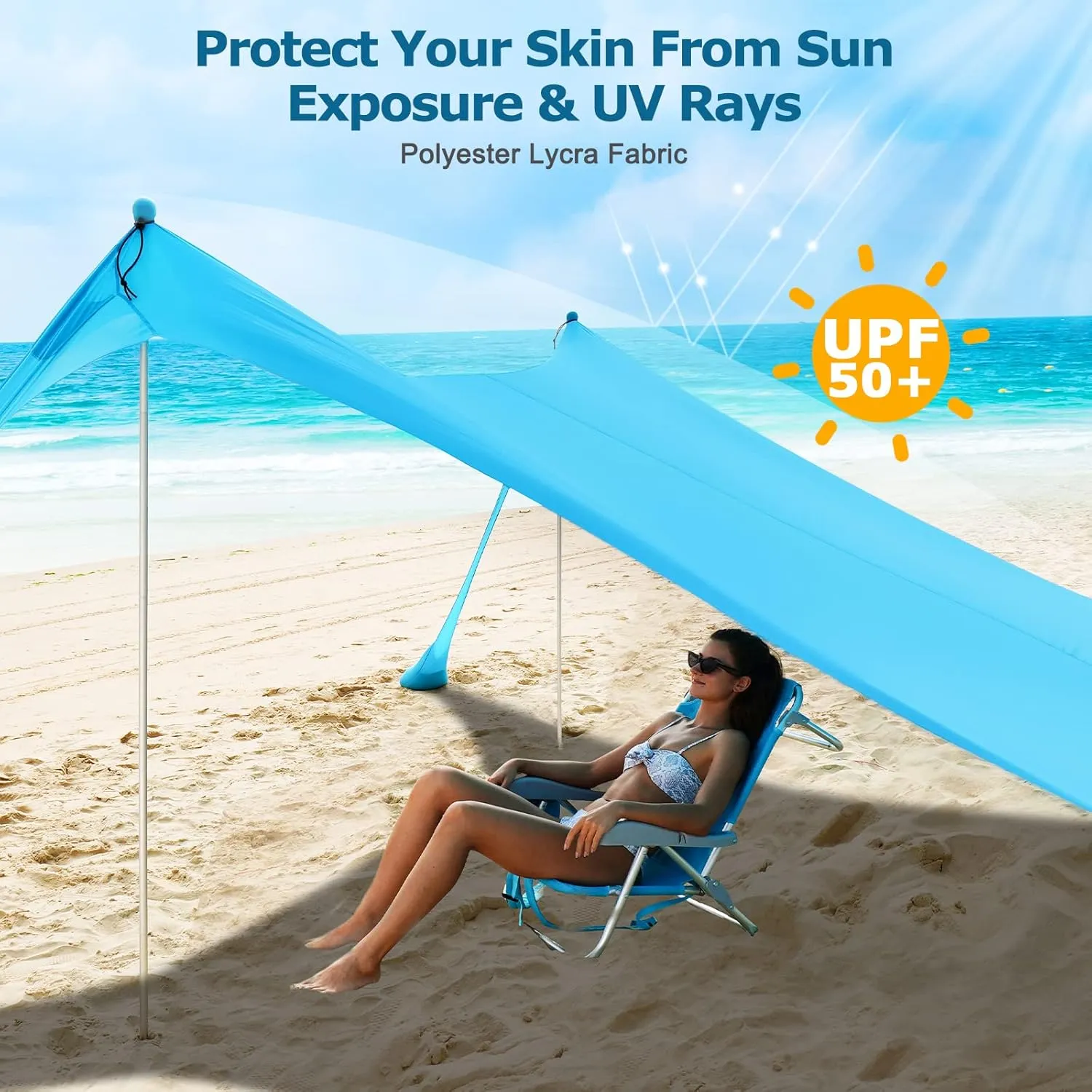 COMMOUDS Beach Tent Sun Shelter - UPF50  Pop Up Beach Canopy with Sandbags & Sand Shovel & Windproof Poles, Portable Sun Shade for Beach, Camping, Picnics, Backyard
