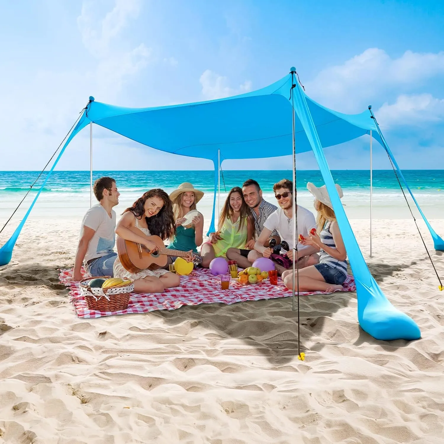 COMMOUDS Beach Tent Sun Shelter - UPF50  Pop Up Beach Canopy with Sandbags & Sand Shovel & Windproof Poles, Portable Sun Shade for Beach, Camping, Picnics, Backyard