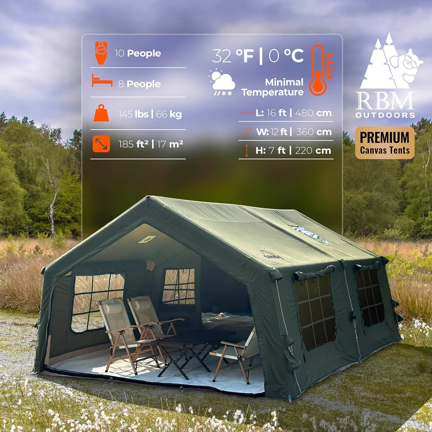 Coody | Rbm Outdoors Koala/Hub/Octopus Inflatable Tents for Camping with Stove Jack, 2/8/10 Person Luxury Canvas Blow Up Tent, 2 Room, Easy Setup Casa de Campaña, Large Inflatable House with Pump