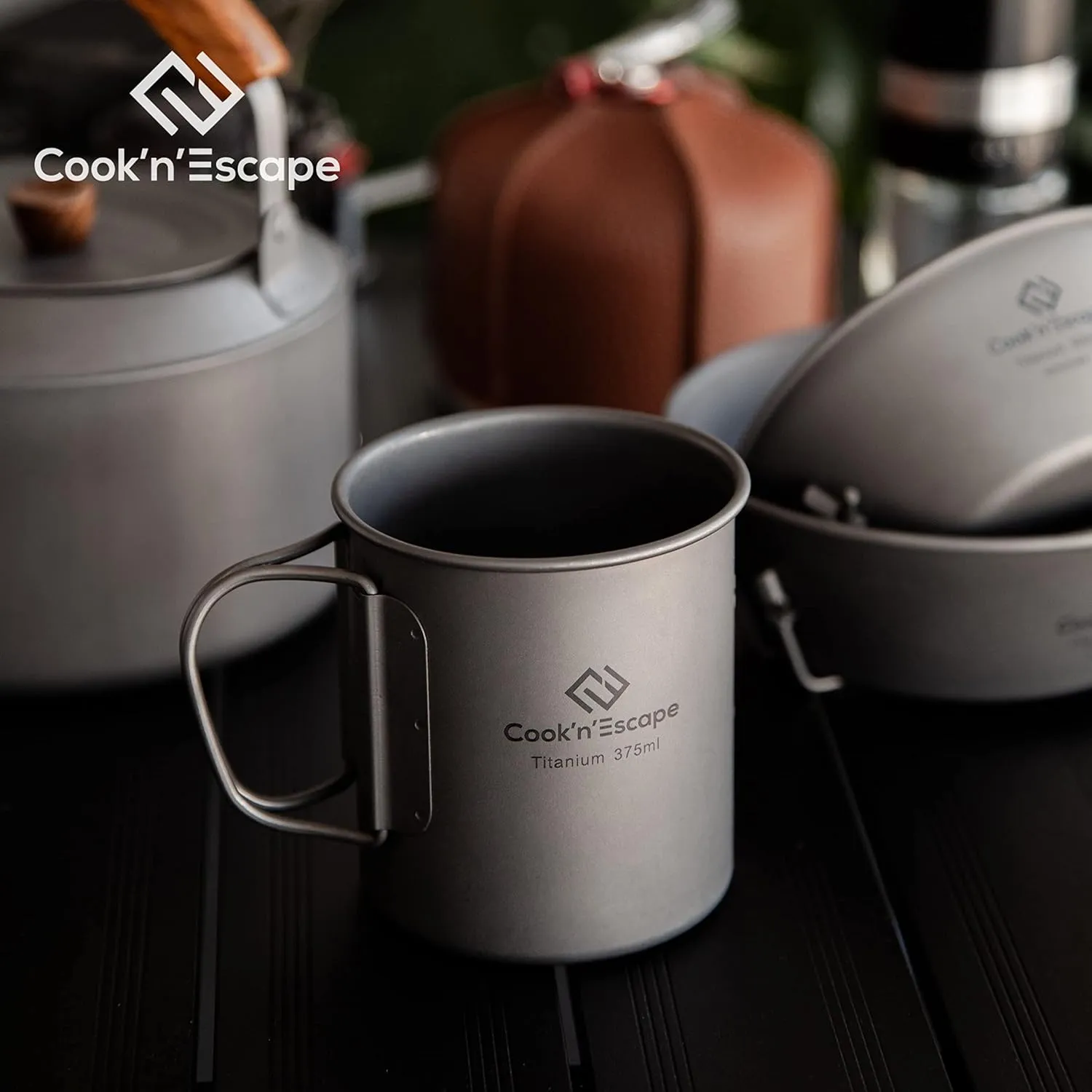 COOK'N'ESCAPE 375ml Camping Mug, Small Titanium Cup with Lightweight Backpacking Coffee Mug Foldable Handle for Outdoor Hiking Picnic Open Fire Cooking