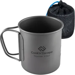 COOK'N'ESCAPE 375ml Camping Mug, Small Titanium Cup with Lightweight Backpacking Coffee Mug Foldable Handle for Outdoor Hiking Picnic Open Fire Cooking