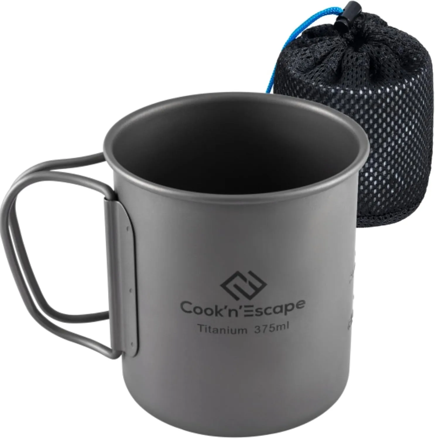 COOK'N'ESCAPE 375ml Camping Mug, Small Titanium Cup with Lightweight Backpacking Coffee Mug Foldable Handle for Outdoor Hiking Picnic Open Fire Cooking