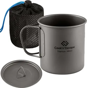 COOK'N'ESCAPE 450ml Camping Mug, Small Titanium Cup with Lightweight Backpacking Coffee Mug Foldable Handle for Outdoor Hiking Picnic Open Fire Cooking