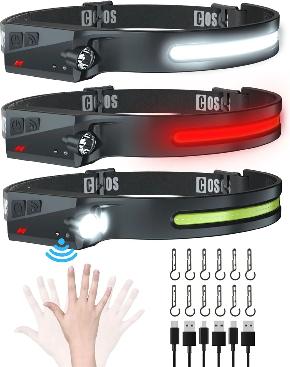 COSOOS Original Rechargeable Headlamps 3PCS, 1000 Lumen Bright LED Headlamp Flashlight, Red Light, 230° Wide Beam & Spot Light, Motion Sensor, 2.4oz Head Lamp with Clips for Hard Hat, Camping