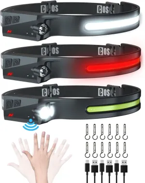 COSOOS Original Rechargeable Headlamps 3PCS, 1000 Lumen Bright LED Headlamp Flashlight, Red Light, 230° Wide Beam & Spot Light, Motion Sensor, 2.4oz Head Lamp with Clips for Hard Hat, Camping