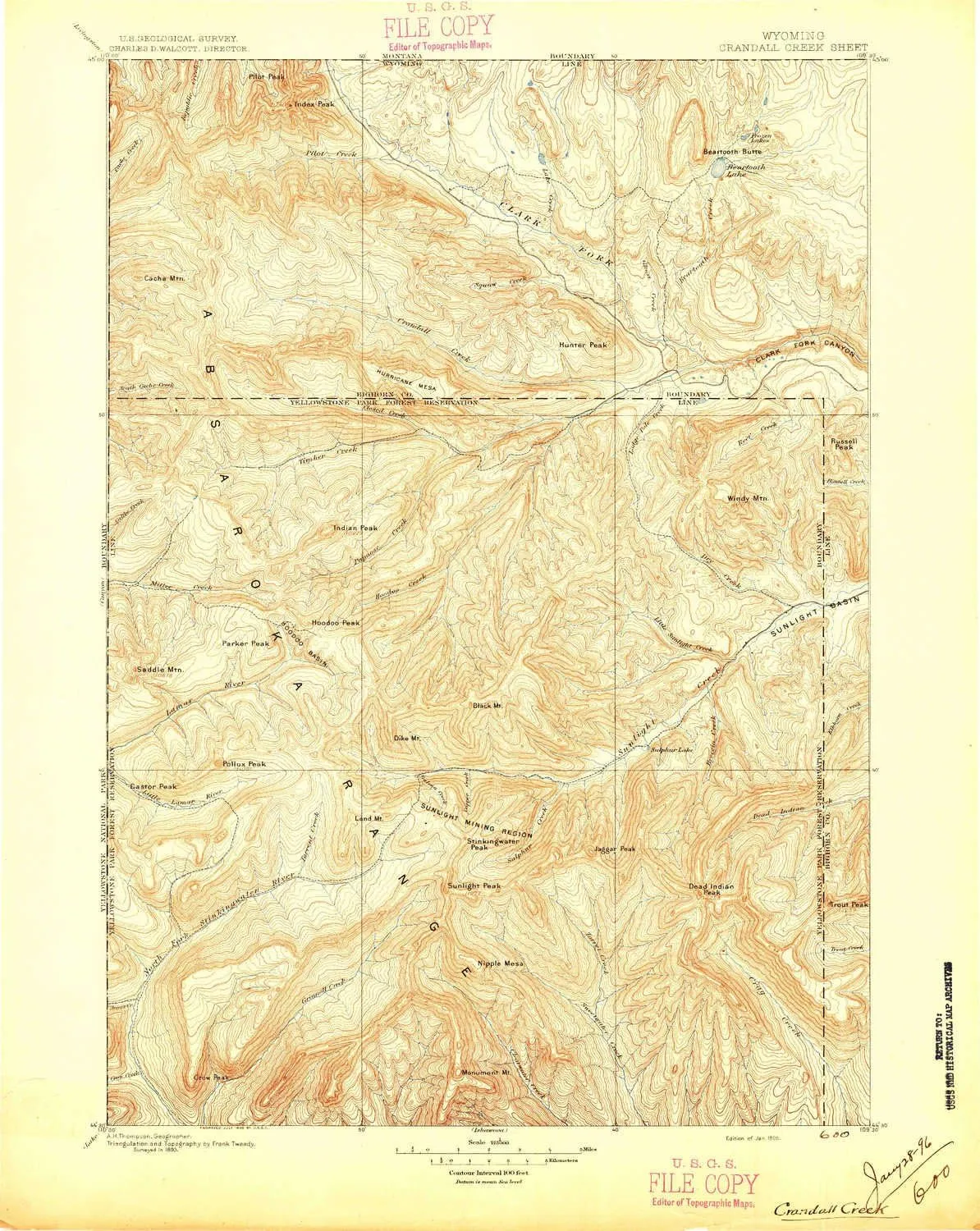 Crandall Creek WY topo map, 1:125000 Scale, 30 X 30 Minute, Historical, 1896, 20.2 x 16.1 in