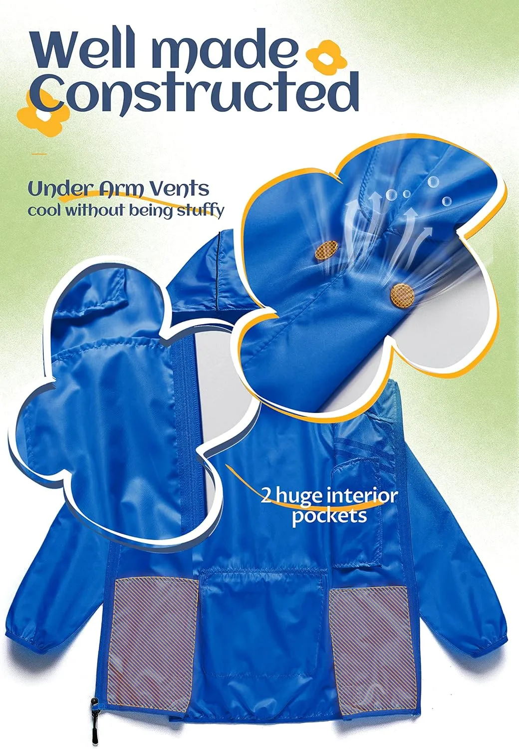 CREATMO US Boys Girls Rain Coat Kids Reflective Cycling Jacket Waterproof Packable Children Windbreaker With Removable Hood