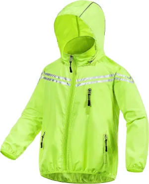 CREATMO US Boys Girls Rain Coat Kids Reflective Cycling Jacket Waterproof Packable Children Windbreaker With Removable Hood