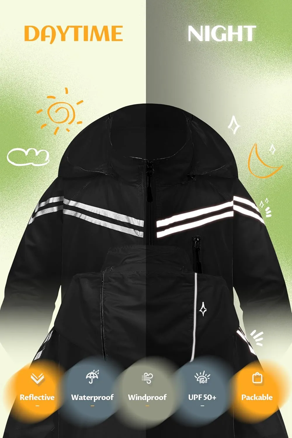 CREATMO US Boys Girls Rain Coat Kids Reflective Cycling Jacket Waterproof Packable Children Windbreaker With Removable Hood